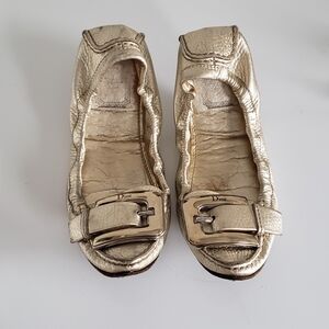 Dior Gold Metallic Leather Scrunch Ballet Flats w/ Engraved Branded Buckle